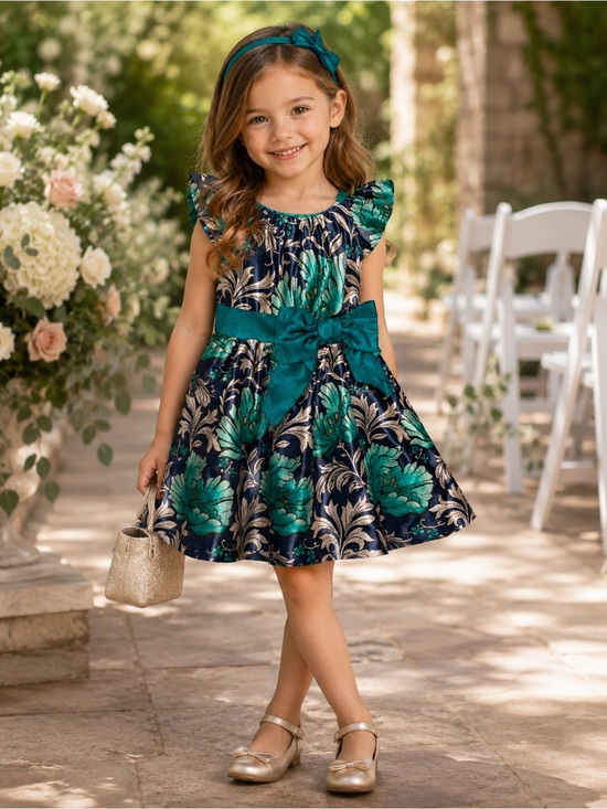 Gymboree Other - Girls Floral Party Dress Teal Navy Bow Waist Holiday Special Occasion Dress